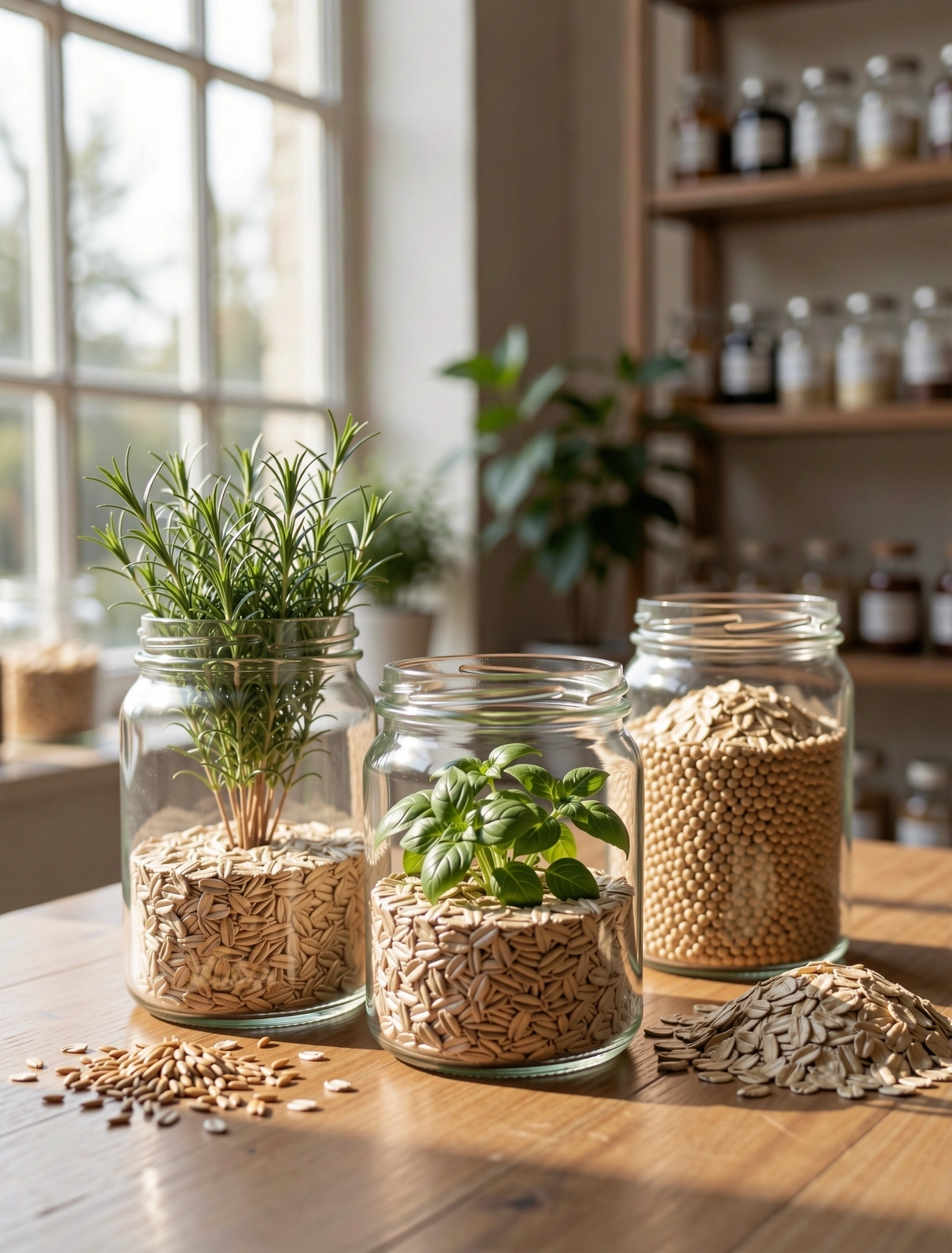 Botaniczne słoje aptekarskie w miękkim porannym świetle