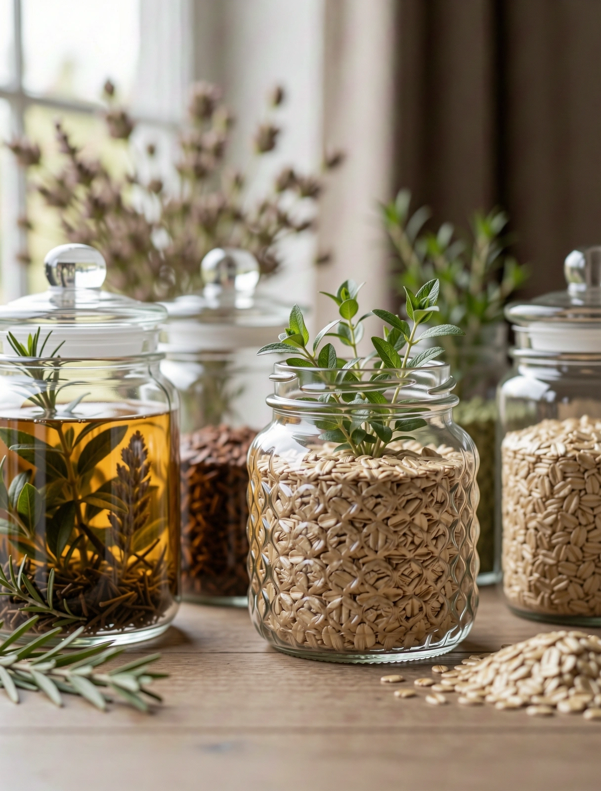 Botaniczne słoje aptekarskie w porannym świetle